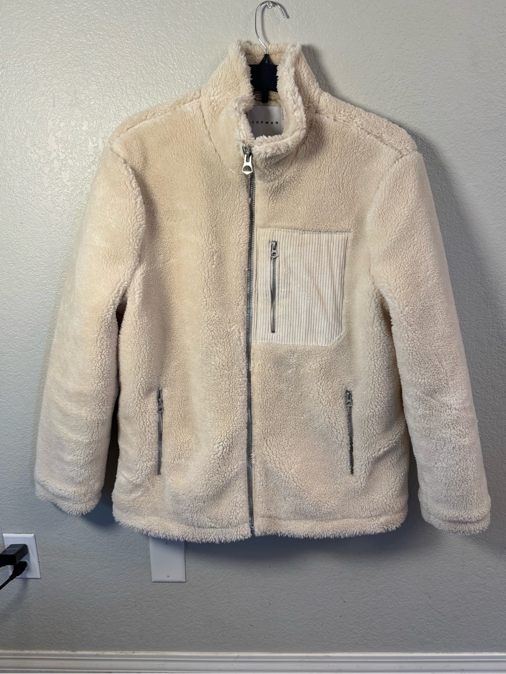 Topman Cream Sherpa Fleece Full-Zip Jacket Corduroy Pocket Size XL